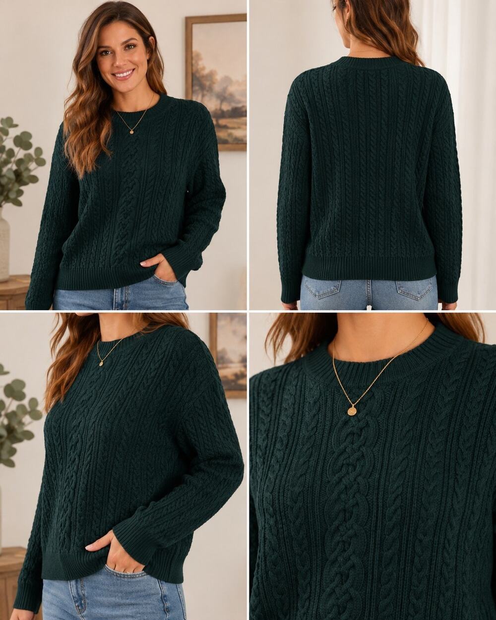 Amazon Essentials Women’s XL Cable Knit Crewneck Sweater 100% Cotton Dark Green
